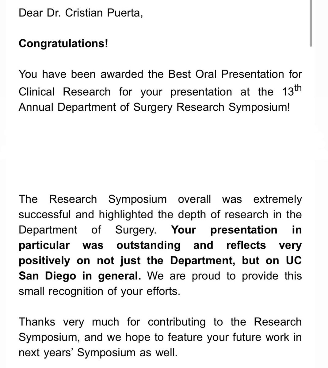 Cristian Puerta (@crisdavid0925) on Twitter photo I’m humbled to receive this award and grateful with my mentor Dr. Thistlethwaite for her support! Thank you to <a href="/UCSDsurgery/">UC San Diego Surgery</a> for the opportunity to share our work at the UCSD Research Symposium. I’m extremely proud to be part of the team! 🥹🙌🏽 I’m humbled to receive this award and grateful with my mentor Dr. Thistlethwaite for her support! Thank you to <a href="/UCSDsurgery/">UC San Diego Surgery</a> for the opportunity to share our work at the UCSD Research Symposium. I’m extremely proud to be part of the team! 🥹🙌🏽