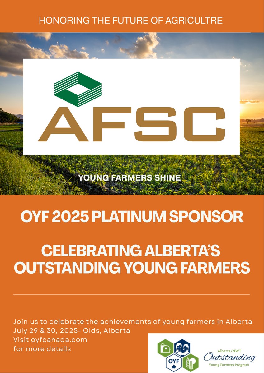 A big shout out to the Alberta OYF platinum sponsor this year <a href="/AFSC_AB/">Agriculture Financial Services</a> ! 

Thank you for being a steady supporter of ag producers in Alberta and the Alberta OYF program. Looking forward to hearing from you at the event! 

<a href="/CanadaOYF/">CanadaOYF</a>