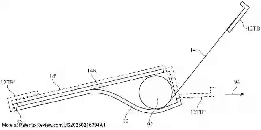 PatentPulse's tweet image. Introducing Apple's latest patent application #US20250216904A1: Electronic Device With Flexible Display Structures. 📱

This innovation features a #FlexibleDisplay that folds along bend axes, with rollers for seamless deployment. 🌀

A touch screen can be extended from the