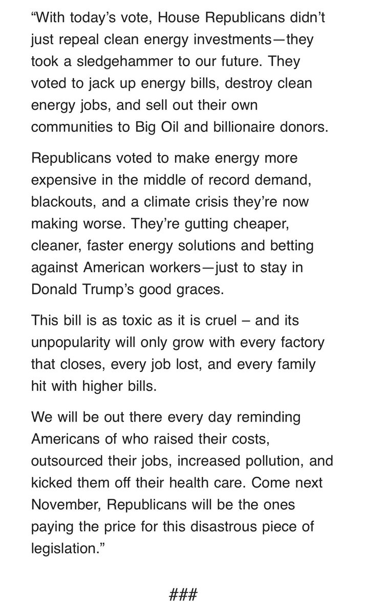 Jesse Lee (@jessecharleslee) on Twitter photo .<a href="/loril/">Lori Lodes</a> of <a href="/ClimatePower/">Climate Power</a>: “Republicans voted to make energy more expensive in the middle of record demand, blackouts & a climate crisis they’re making worse. Gutting cheaper, cleaner, faster energy solutions & betting against American workers—just to stay in Trump’s good graces.” .<a href="/loril/">Lori Lodes</a> of <a href="/ClimatePower/">Climate Power</a>: “Republicans voted to make energy more expensive in the middle of record demand, blackouts & a climate crisis they’re making worse. Gutting cheaper, cleaner, faster energy solutions & betting against American workers—just to stay in Trump’s good graces.”