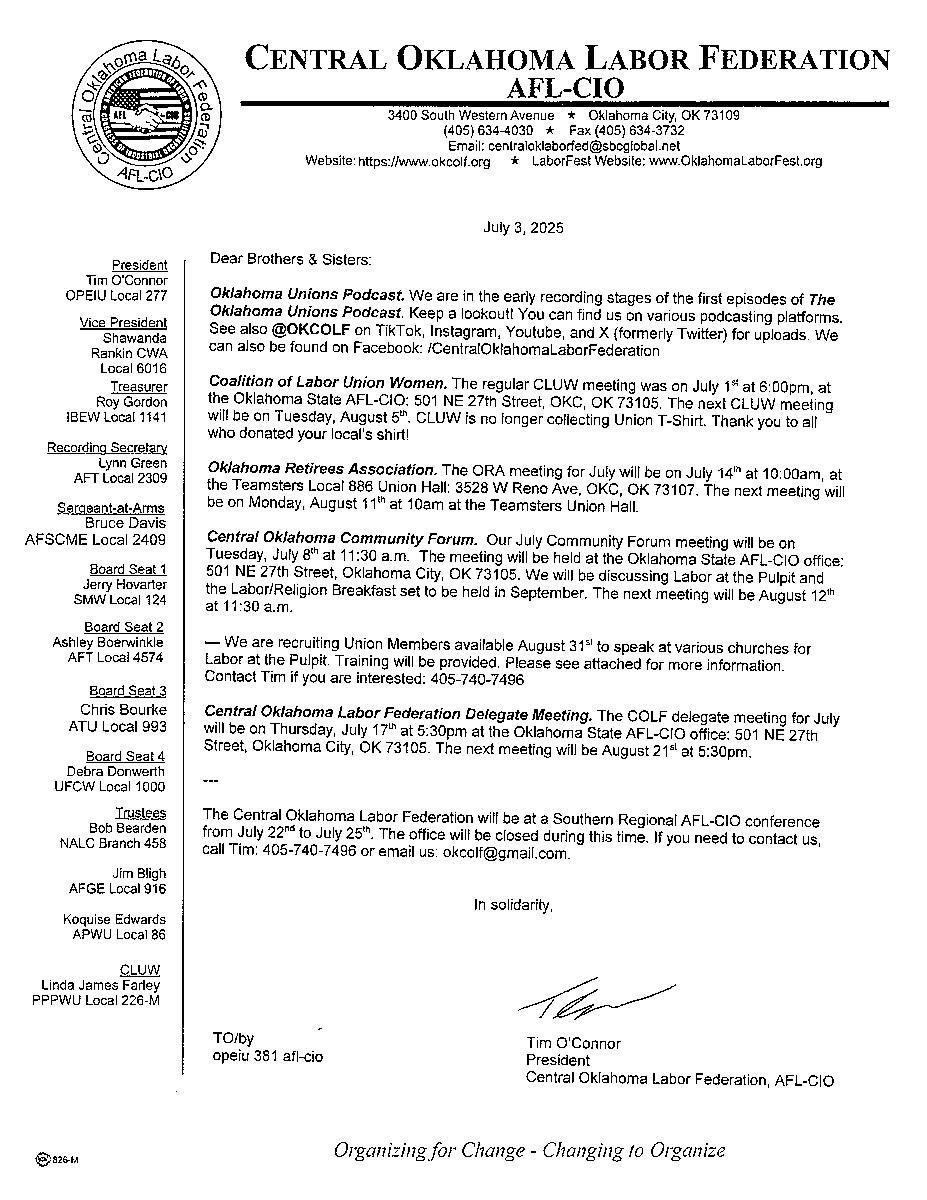OKCOLF's tweet image. July 2025 Letter to Affiliates!

If you are interest in speaking for our Labor in the Pulpit event on August 31st - please see the 2nd &amp;amp; 3rd pics!