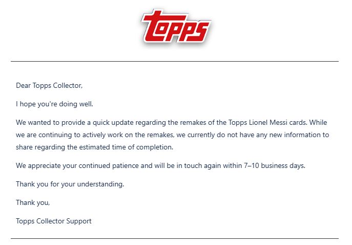 Topps has confirmed they are remaking my 2024 Topps MLS Mania on card Messi auto. If you know anyone who has one, I'd suggest they reach out to Topps! 
<a href="/SoccerCardsHQ/">Soccer Cards HQ</a> <a href="/castrocollects/">Castro Collects</a> <a href="/JoshODeezy/">Josh O'Daniel</a> <a href="/tanpulls/">Tanpulls</a> <a href="/LarryHolder/">Larry Holder</a> <a href="/DanTheCardsMan/">Dan The Card Man</a>