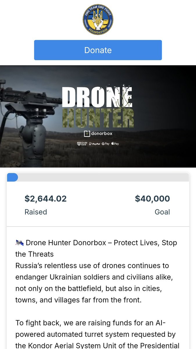 6.6% funded from the 🎯 $40000 for the AI-powered automated turret, which will be used to take down drones and protect lives! Please continue your support and help, us get the turret system for the 1st Presidential Brigade!
donorbox.org/drone-hunter
