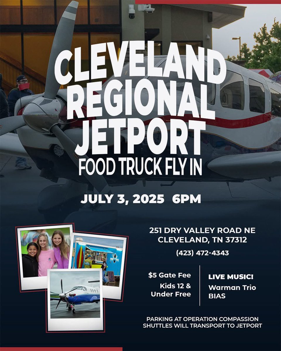 Join us tonight at the Cleveland Regional Jetport for the Food Truck Fly-In: Moved to Thursday, July 3 at 6pm. Enjoy Fun, Food Trucks and more. Bring the kids! 🛩️