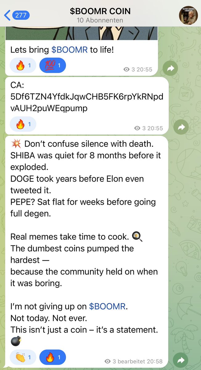 BOOMRCoin's tweet photo. 💥 Don’t confuse silence with death.
SHIBA was quiet for 8 months before it exploded.
DOGE took years before Elon even tweeted it.
PEPE? Sat flat for weeks before going full degen.
Real memes take time to cook. 🍳
CA:  5Df6TZN4YfdkJqwCHB5FK6rpYkRNpdvAUH2puWEqpump

#sol #memecoin https://t.co/0sEHVrACJA