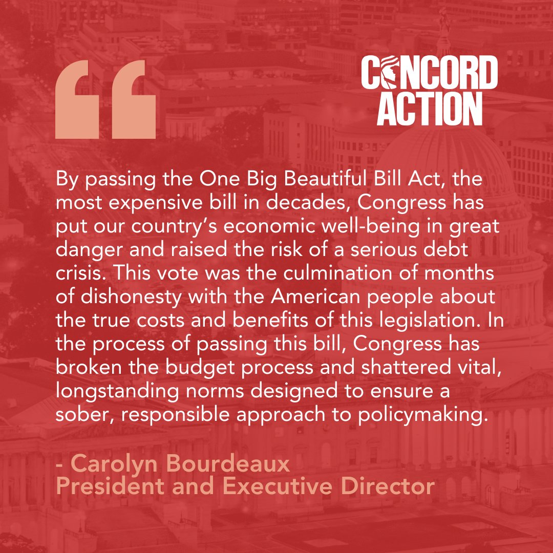 ConcordAction's tweet image. "By passing the OBBA, the most expensive bill in decades, Congress has put our country’s economic well-being in great danger and raised the risk of a serious debt crisis." — @CarolynConcord responds to the House passing the OBBA.
Read the full statement:
concordaction.org/news/press-rel…