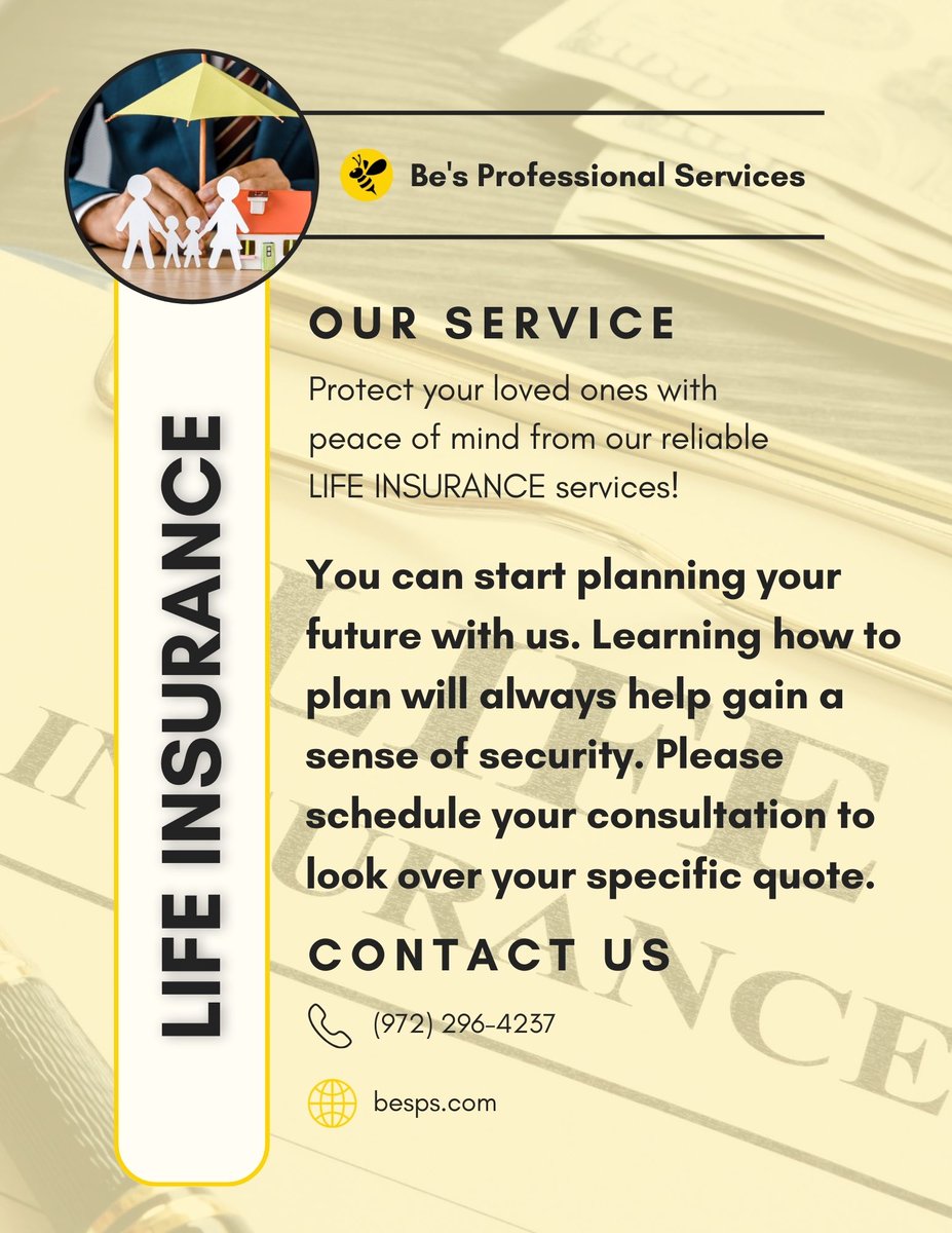besproservices's tweet photo. Protect your loved ones with our comprehensive life insurance services!

With  Be's Professional Services, we'll help you secure your future and give you peace of mind knowing you will be financially protected! 

Call us, and we'll get you covered!
https://t.co/7XT6BYlE2O https://t.co/5EketwmaUp