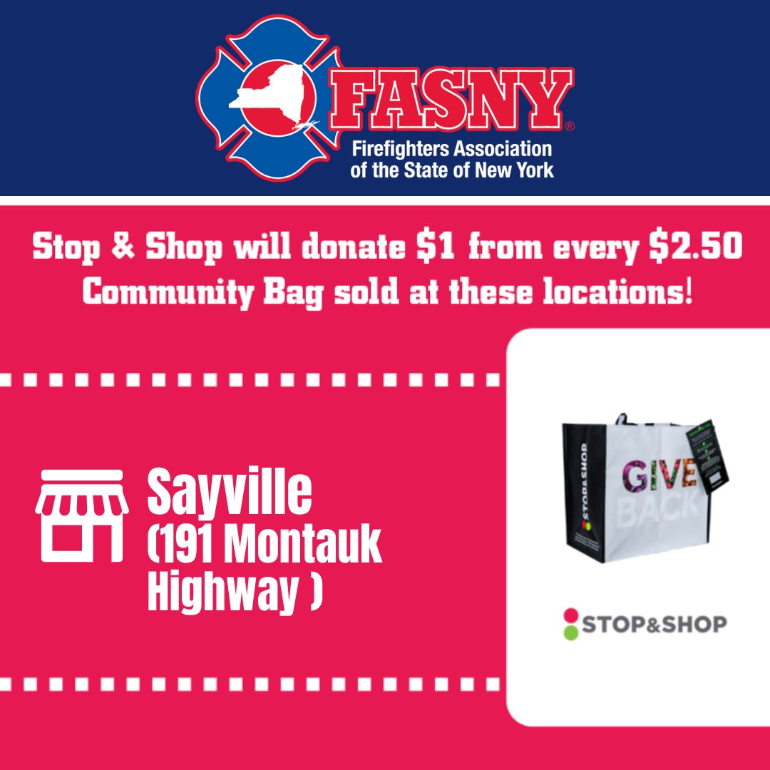 When you buy a $2.50 Community Bag at Sayville Stop &amp; Shop this month, FASNY receives $1 to support our mission. It’s a simple way to give back! #SupportFASNY #VolunteerFirefighter #Firefighter #FirstResponder #EMS