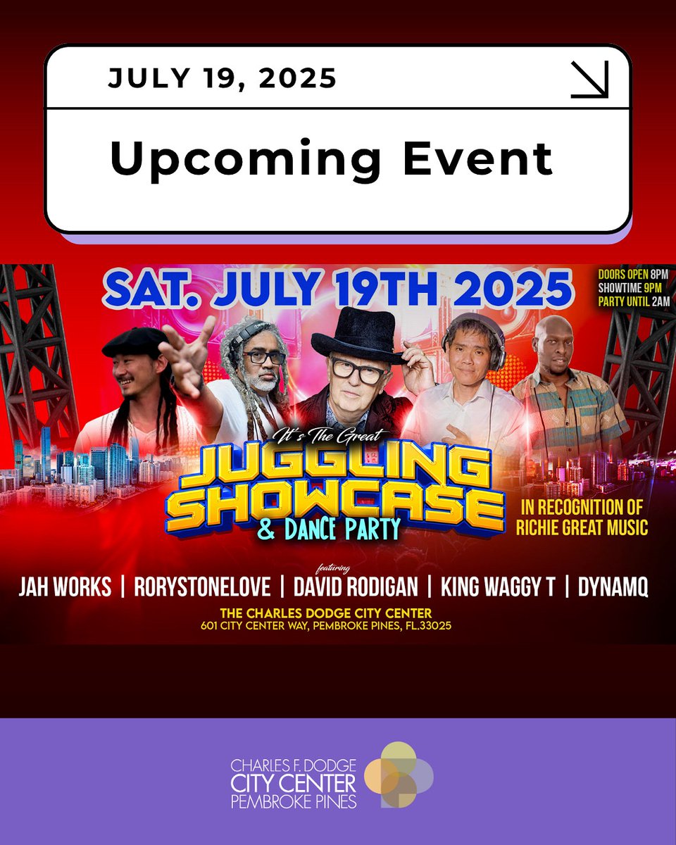 Get ready for a reggae experience like no other… The Great Juggling Showcase is taking over the CDCC stage on Saturday, July 19! 

🎟 Tickets available now on our website, lock yours in!

#TheGreatJugglingShowcase #CharlesFDodgeCityCenter