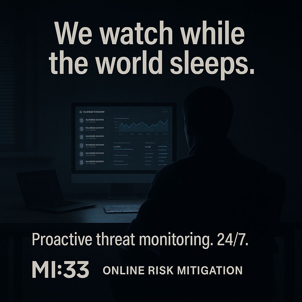 We watch while the world sleeps. Proactive threat monitoring. 24/7. MI:33 | Online Risk Mitigation mi33.co