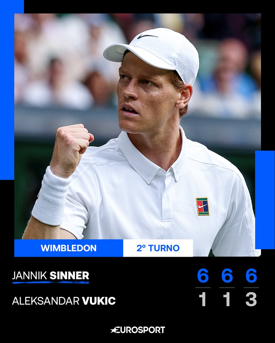 Eurosport_IT's tweet photo. JANNIK VA VELOCE! ⚡😎

Dopo tante sorprese nel tabellone, il numero uno del mondo non stecca ed elimina l'australiano Vukic in un'ora e 40 minuti!

Ora Sinner sfiderà lo spagnolo Pedro Martinez al terzo turno 🔜🌱

#EurosportTennis #Wimbledon #Sinner https://t.co/NHDAuGiYMv