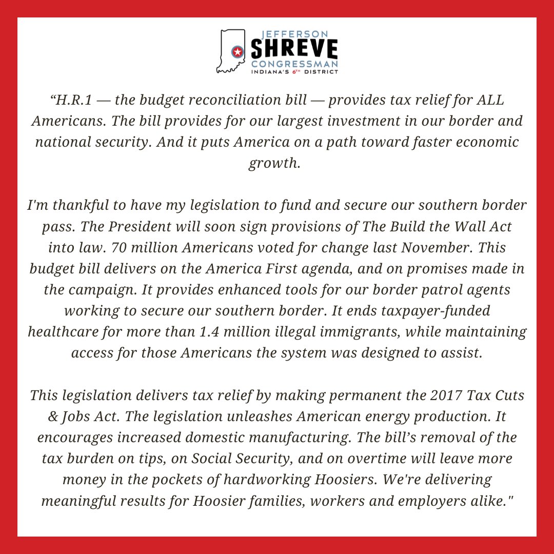 Proud to have provisions of my key legislation, the Build the Wall Act, included in H.R. 1 — the Budget Reconciliation bill. We're delivering meaningful results for Hoosier families, workers and employers alike.