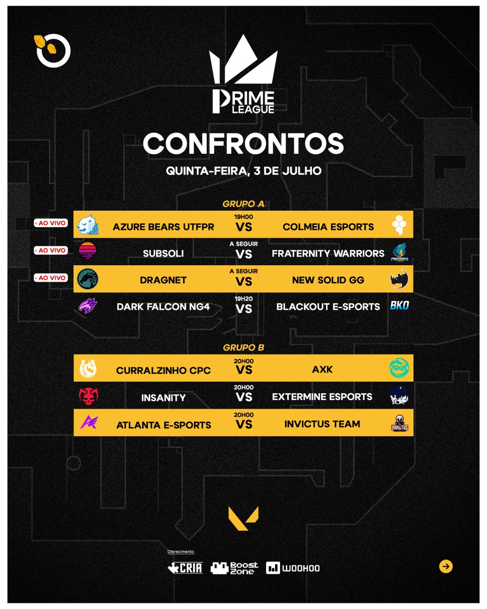 Liga GG (@ligagg_) on Twitter photo VALORANT PRIME LEAGUE A - Hoje é dia de GAMEPLAAAYY!
ATENÇÃO para os jogos de HOJE!
as 19Hrs <a href="/subsoligg/">Subsoli</a> x <a href="/FWE_Sports/">Fraternity Warriors E-Sports</a>
Seguir <a href="/dragnettgg/">DragneT</a> x <a href="/NewSolidGG/">New Solid GG</a>
Jogos OFFSTREAM
@darkfalcon x <a href="/blackoutofc__/">BlackOut E-Sports</a>
<a href="/CurralzinhoCPC/">CPC Curralzinho Esports</a> x <a href="/axkrum_gg/">AXKRUM</a> (JOGAÇO)
<a href="/INSANITYggwp/">INSANITY</a> x <a href="/exterminesports/">Extermine eSports</a> VALORANT PRIME LEAGUE A - Hoje é dia de GAMEPLAAAYY!
ATENÇÃO para os jogos de HOJE!
as 19Hrs <a href="/subsoligg/">Subsoli</a> x <a href="/FWE_Sports/">Fraternity Warriors E-Sports</a>
Seguir <a href="/dragnettgg/">DragneT</a> x <a href="/NewSolidGG/">New Solid GG</a>
Jogos OFFSTREAM
@darkfalcon x <a href="/blackoutofc__/">BlackOut E-Sports</a>
<a href="/CurralzinhoCPC/">CPC Curralzinho Esports</a> x <a href="/axkrum_gg/">AXKRUM</a> (JOGAÇO)
<a href="/INSANITYggwp/">INSANITY</a> x <a href="/exterminesports/">Extermine eSports</a>