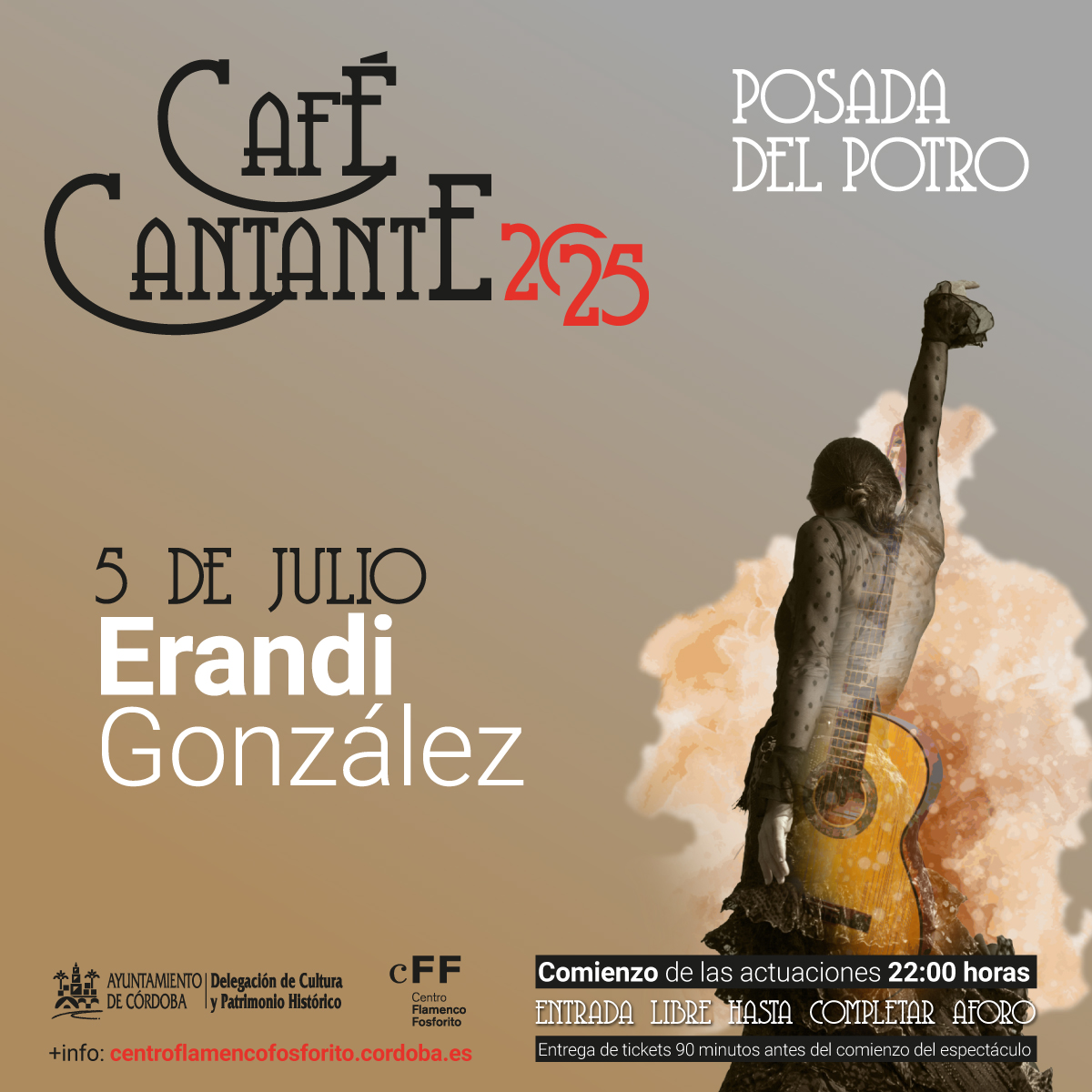 Este sábado cerraremos las puertas de nuestro #CaféCantante con el baile de Erandi González. ¡No faltéis!💃🕺

+ info 👉 centroflamencofosforito.cordoba.es/eventos/

#Flamenco #CordobaEsp #PosadadelPotro
