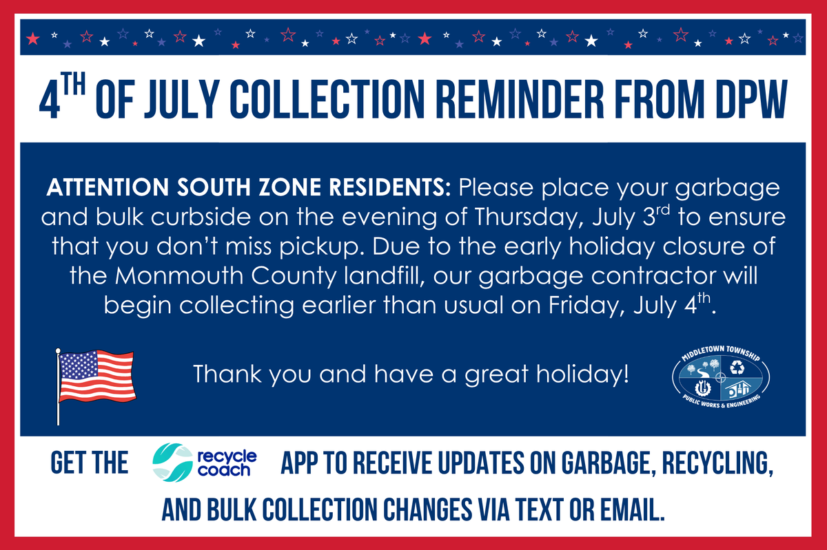 Check out this notice from DPW regarding tomorrow's South Zone garbage and bulk collection. 🇺🇸