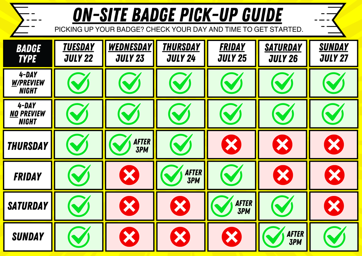 Picking up your badge on-site at Comic-Con 2025? Check the chart to find the best day for you, then visit our blog to learn everything you need to know for a smooth first day. 🔗 bit.ly/3ZXP0bl #SDCC #SDCC2025