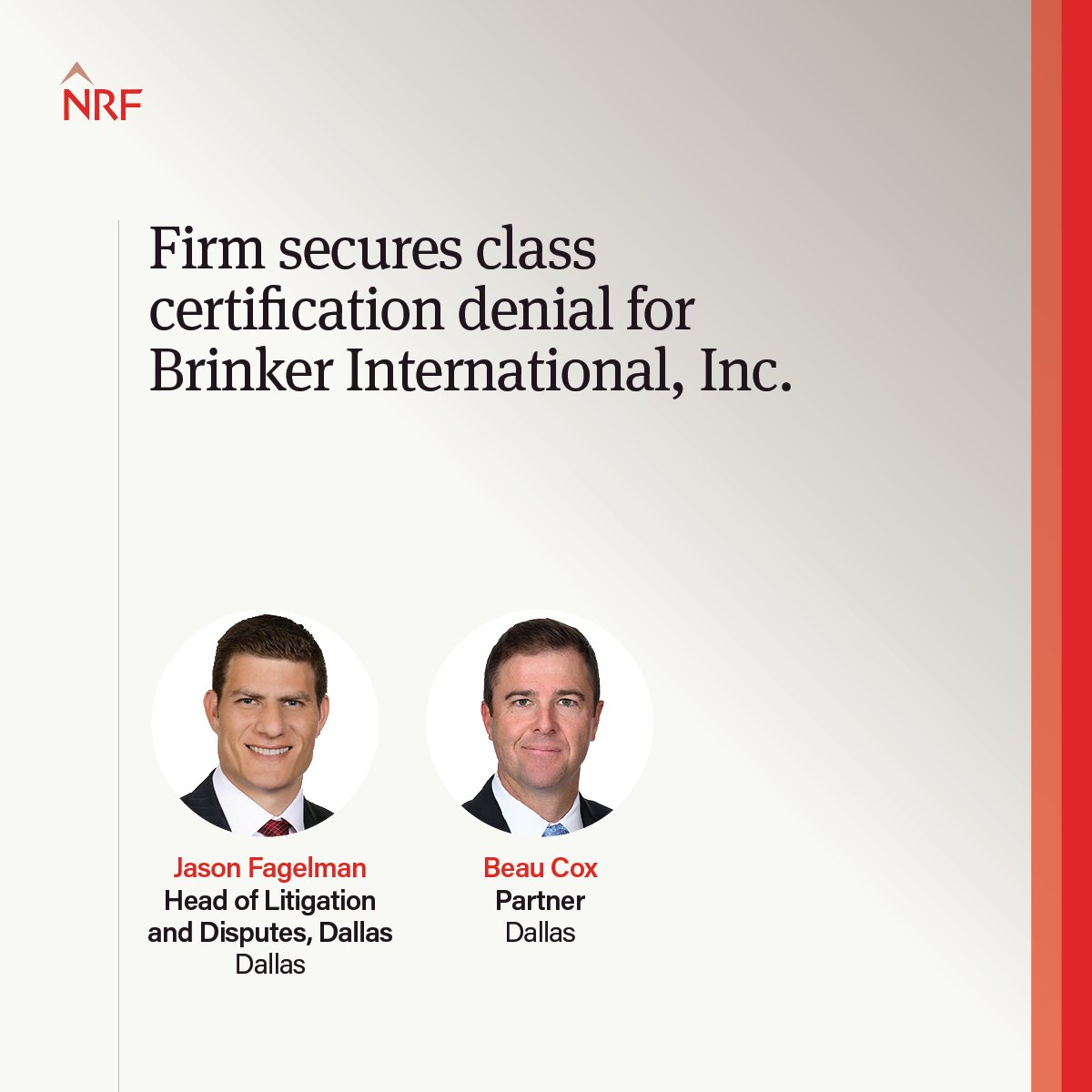 A litigation team led by Jason Fagelman and Beau Cox recently secured a class certification denial for Brinker International, Inc. in a long-running nationwide data breach class action lawsuit. ow.ly/Qv6350WkE77