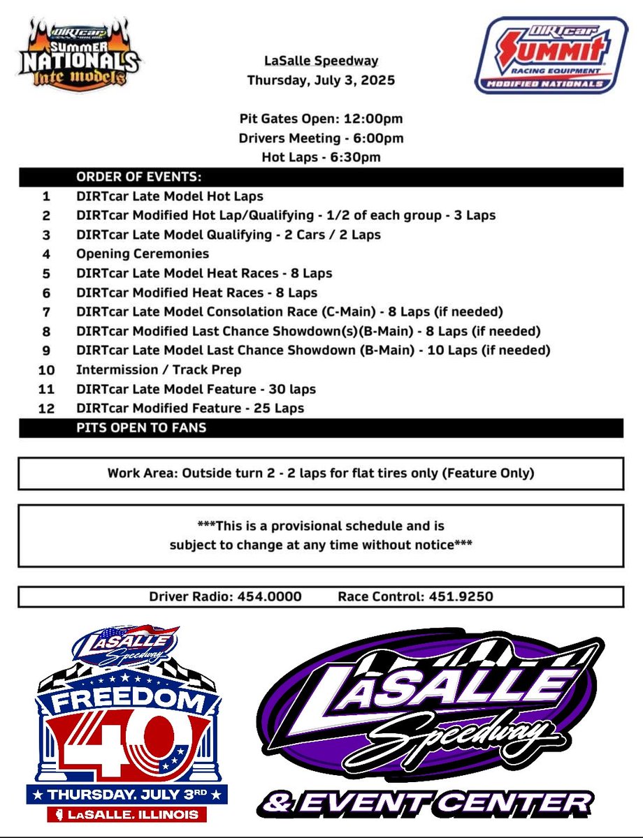 Tonight's schedule of events at <a href="/LaSalleSpeedway/">LaSalle Speedway</a> for the <a href="/SummerNationals/">DIRTcar Summer Nationals</a> #HellTour "Freedom 40". Get your tickets NOW at lasallespeedway.com