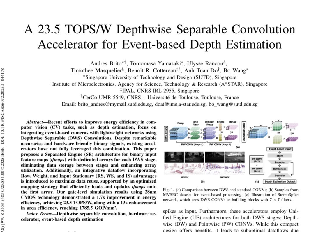 Yamasa1Tomomasa's tweet image. 🚀 New Paper!
We present a 23.5 TOPS/W accelerator tailored for event-based depth estimation using depthwise separable convolutions (DWS).
🔹 Synthesized in 28nm CMOS: 23.5 TOPS/W, 1785.5 GOPS/mm²
#HardwareAccelerator #SpikingNeuralNetworks #EdgeComputing #DWS #CVPR