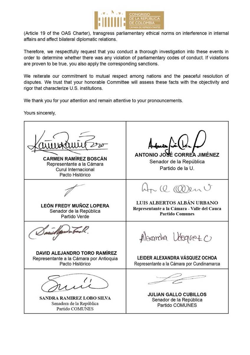 𝒦𝒶𝓇𝓂ℯ𝓃 ℛ𝒶𝓂𝒾́𝓇ℯ𝓏 ℬℴ𝓈𝒸𝒶́𝓃 (@wayunkerra) on Twitter photo 30 Congresistas de diversos partidos políticos hemos solicitado formalmente investigación y sanción contra Mario Díaz- Balart <a href="/MarioDB/">Mario Díaz-Balart</a>, María Elvira Salazar <a href="/RepMariaSalazar/">Rep. María Elvira Salazar</a> y Carlos Antonio Giménez <a href="/RepCarlos/">Rep. Carlos A. Gimenez</a> por presuntas acciones injerencistas en Colombia.
Las revelaciones 30 Congresistas de diversos partidos políticos hemos solicitado formalmente investigación y sanción contra Mario Díaz- Balart <a href="/MarioDB/">Mario Díaz-Balart</a>, María Elvira Salazar <a href="/RepMariaSalazar/">Rep. María Elvira Salazar</a> y Carlos Antonio Giménez <a href="/RepCarlos/">Rep. Carlos A. Gimenez</a> por presuntas acciones injerencistas en Colombia.
Las revelaciones