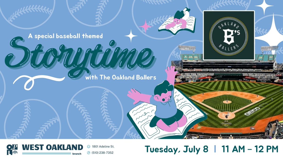 Oakland Public Library (@oaklibrary) on Twitter photo The <a href="/OaklandBallers/">Oakland Ballers</a> are coming to story time! ⚾📚
Join us on Tuesday, July 8th at the West Oakland Branch for a special baseball-themed family story time with the Oakland Ballers as a special guest!
oaklandlibrary.bibliocommons.com/events/6864ab3… The <a href="/OaklandBallers/">Oakland Ballers</a> are coming to story time! ⚾📚
Join us on Tuesday, July 8th at the West Oakland Branch for a special baseball-themed family story time with the Oakland Ballers as a special guest!
oaklandlibrary.bibliocommons.com/events/6864ab3…