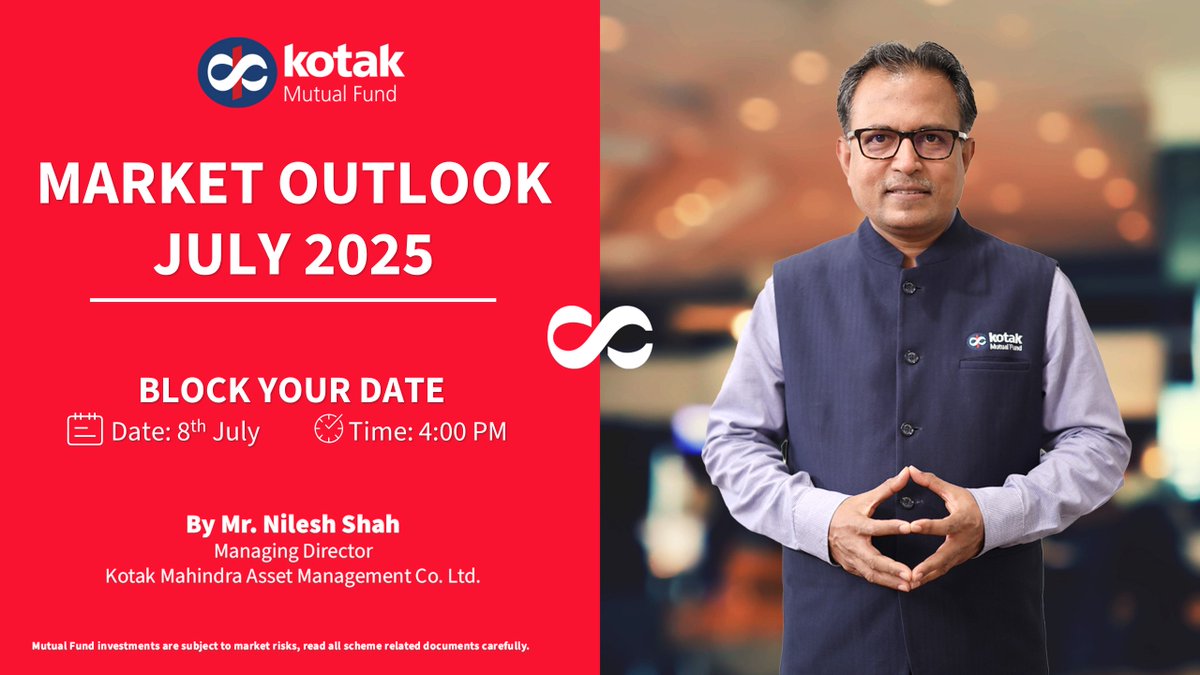 Kotak Mutual Fund (@kotakmf) on Twitter photo Block your date for the Monthly Market Outlook of July 2025 with <a href="/NileshShah68/">Nilesh Shah</a>
Subscribe to our YouTube channel for the #live session: info.kotakmf.com/4ldt70g
#Marketoutlook #Equity #Debt #MutualFunds Block your date for the Monthly Market Outlook of July 2025 with <a href="/NileshShah68/">Nilesh Shah</a>
Subscribe to our YouTube channel for the #live session: info.kotakmf.com/4ldt70g
#Marketoutlook #Equity #Debt #MutualFunds