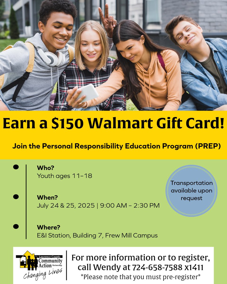 LawCountyCAP's tweet image. 🎉 Youth ages 11–18: Join us for PREP on July 24–25 &amp;amp; earn a $150 Walmart gift card!

🕘 9AM–2:30PM
📍 E&amp;amp;I Station, Frew Mill Campus
🚗 Transportation available
📞 Call Wendy: 724-658-7588 x1411 (Pre-reg required)
#LCCAP #PREP2025 #FreeSummerProgram