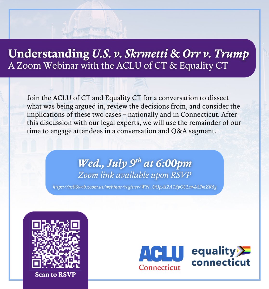 Join the ACLU of CT and Equality CT on July 9th at 6:00pm for an interactive Zoom webinar featuring legal experts and community partners to discuss two important cases impacting LGBTQIA+ rights this year: U.S. v. Skrmetti and Orr v. Trump.

us06web.zoom.us/webinar/regist…