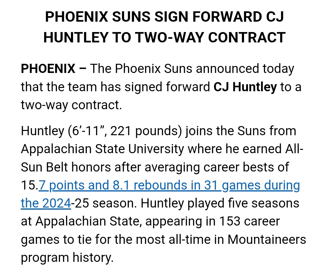 OFFICIAL: Suns sign CJ Huntley to a two-way deal. #Suns