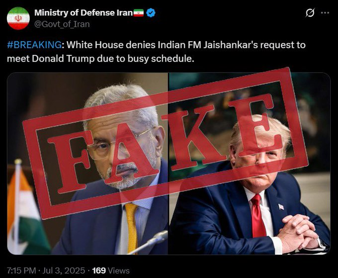 airnewsalerts's tweet photo. CLAIM: White House denies Indian FM Jaishankar's request to meet Donald Trump due to busy schedule.

This is FAKE News. This CLAIM is false.

#MEAFactCheck