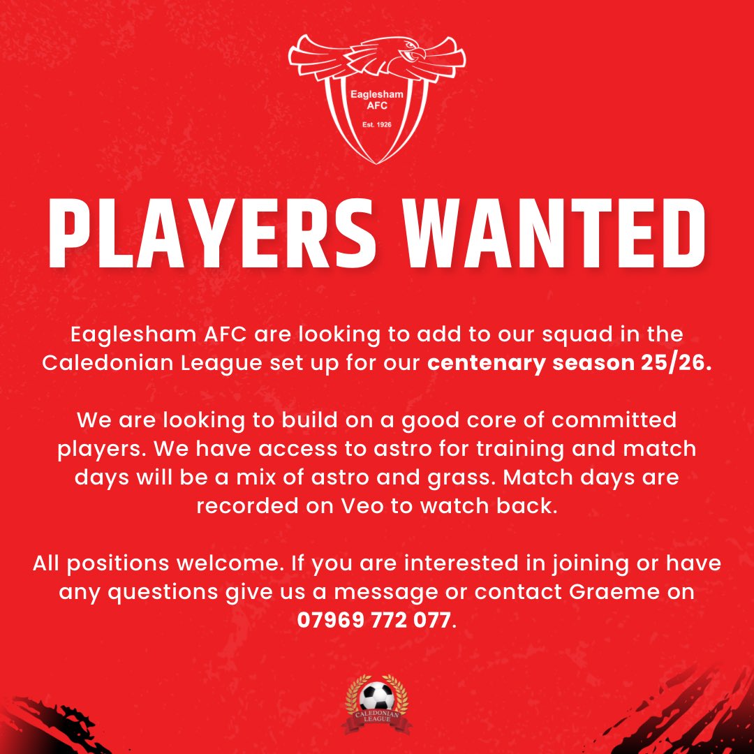 ❗️🔴 PLAYER RECRUITMENT 🔴 ❗️

Eaglesham AFC are looking to recruit players for our upcoming centenary season.

We are looking to add to our <a href="/CaledonianAFA/">CaledonianLeague</a> league team.

Get in touch via social media or use the contact details below.

<a href="/ScotAmFA/">Scottish Amateur FA</a>  <a href="/scottish_aff/">AmateurFixturesResultsSCO</a> 
<a href="/TeamfinderScot1/">Team Finder Scotland</a>