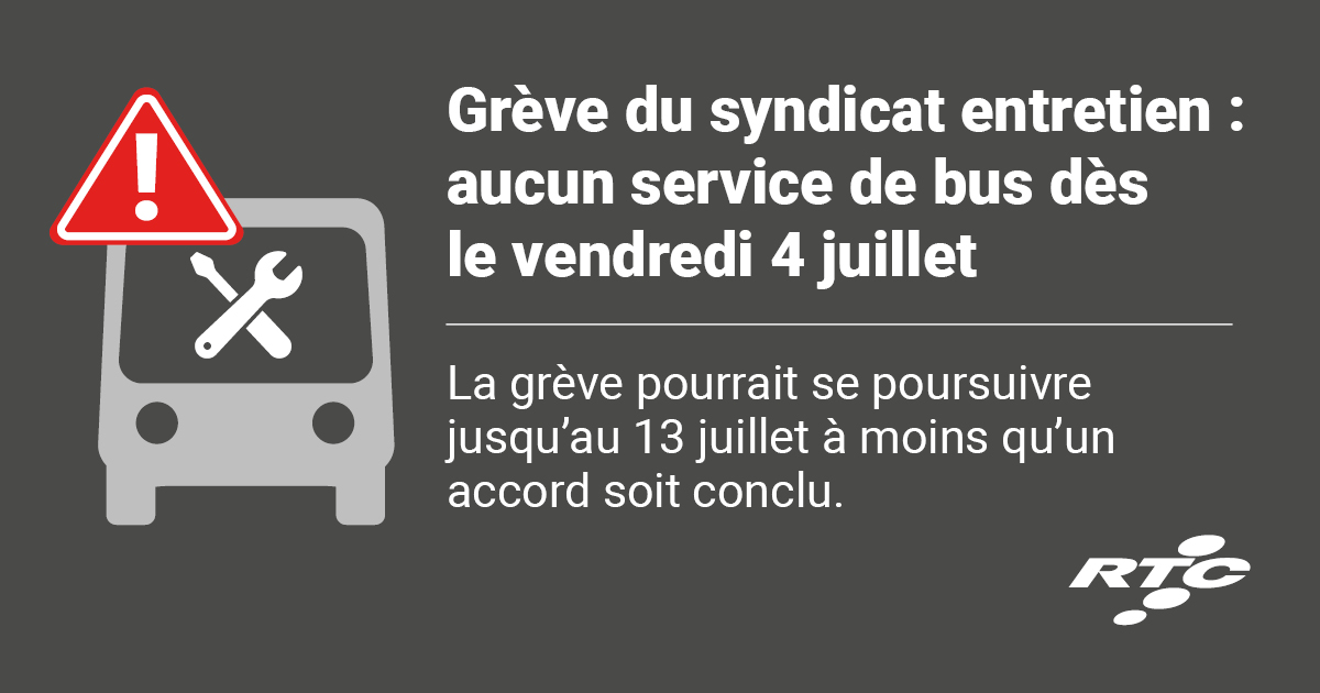 RTCQuebec's tweet image. Grève générale du syndicat du personnel de l’entretien : aucun service d’autobus dès le 4 juillet rtcquebec.ca/medias/communi…