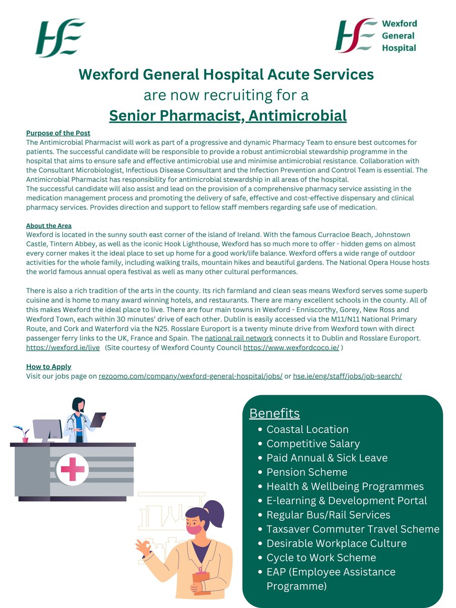 Job opportunity! <a href="/WexGenHosp/">Wexford General Hospital</a> as part of <a href="/HSEDubSouthEast/">HSE Dublin and South East</a> Region are recruiting for a Senior Pharmacist (Antimicrobial).

Deadline for receipt of applications is Thursday, 17th July 2025 @ 15:00 p.m.

Further information can be found @ rezoomo.com/job/82082/