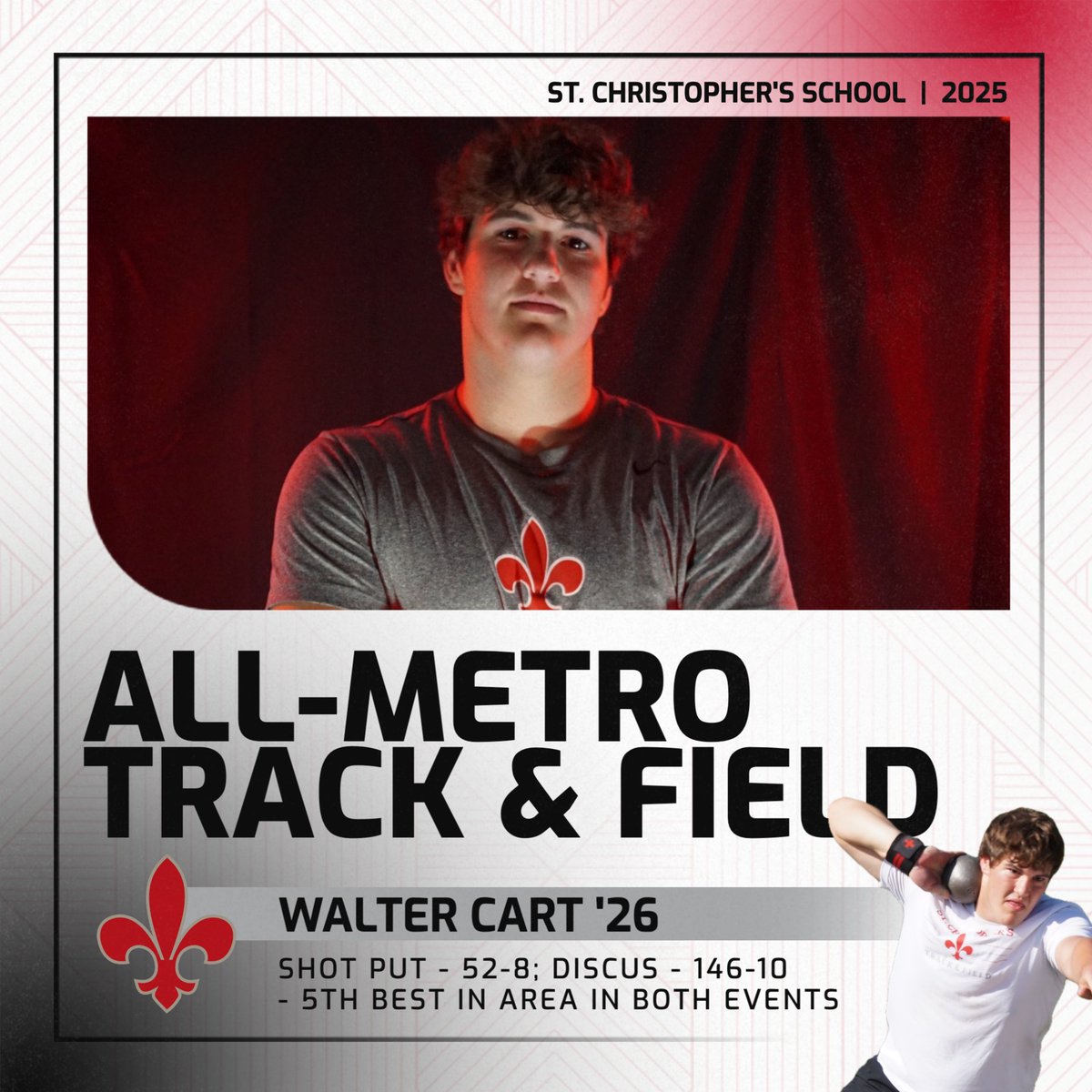 Congratulations to our All-Metro Track &amp; Field athletes!
Maddox White '26 - 200-meter dash
Asher Green '26 - 1600
Jayden Brown '25 - 110-meter hurdles
Walter Cart '26 - Shot Put, Discus
(1/2)
#StCVATrack