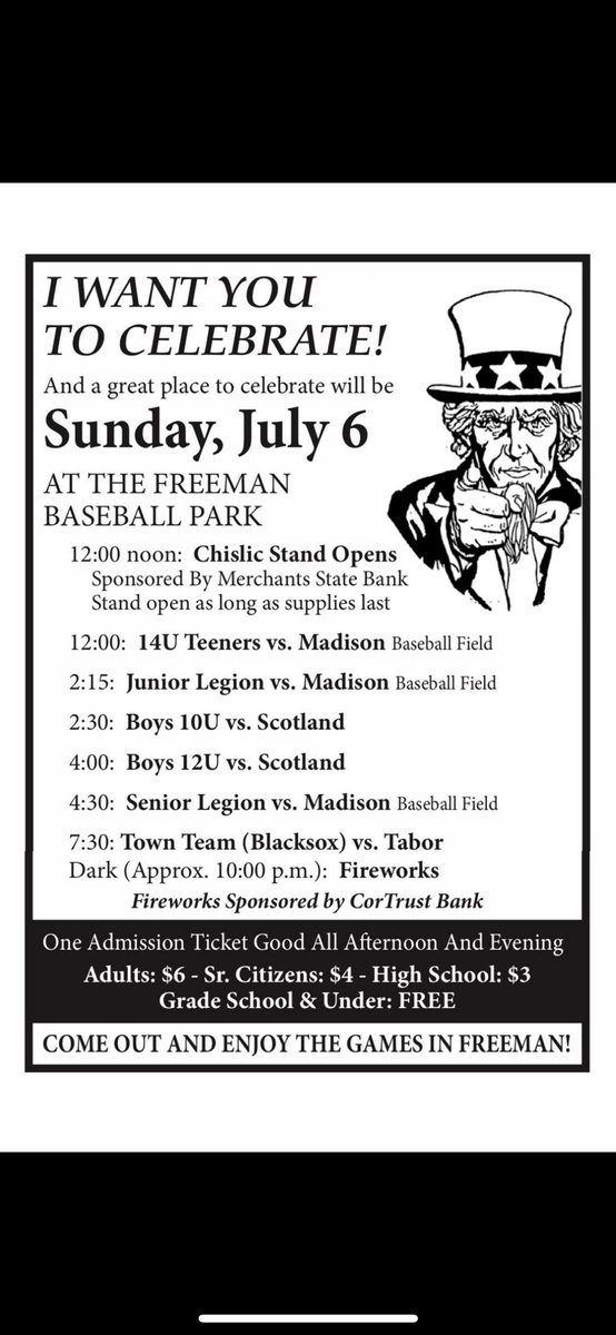 Here is the schedule for the big day in Freeman on Sunday!