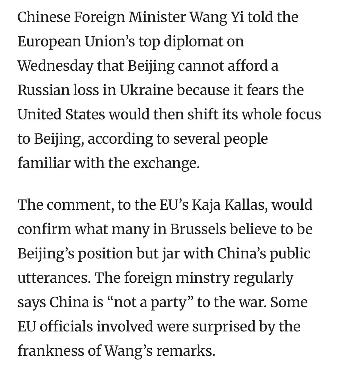 Bridge Colby has his head too far up his ass to understand this, even when China says it aloud.

It is imperative Russia be defeated swiftly and overwhelmingly so that our  resources can be prioritized to China. We cannot afford a two front Cold War in both Europe and Asia.