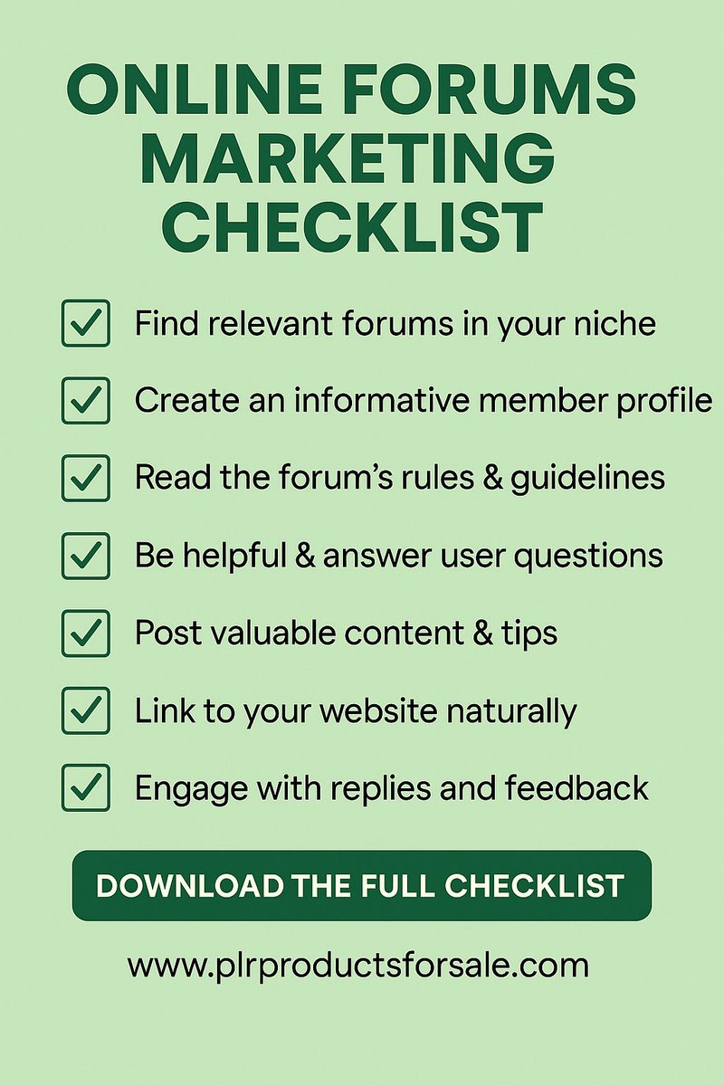 Use forums to build traffic &amp; trust.
Grab this FREE checklist 👉 plrproductsforsale.com/shop/free-onli…
#Marketing #Freebie
💬 ChatGPT Prompt:
“Give me a step-by-step checklist for promoting content on online forums without getting flagged as spam.”