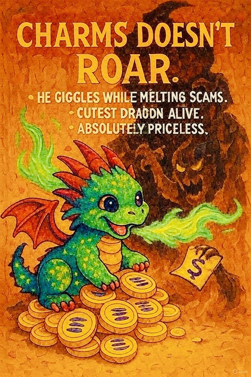 wookiecookie83's tweet photo. 🔥 CHARMS 🔥
Scammers don’t fear audits.
They fear Charms.
One spark of his green flame and fake projects go up in smoke.
He doesn’t chase clout—he melts deception.
Cute? Yes.
But that fire?
Unforgiving.
#CHARMS 🐉🔥 #ScammerSlayer #memecoin #Solana #mythicvalue https://t.co/4jEpX1kcvN