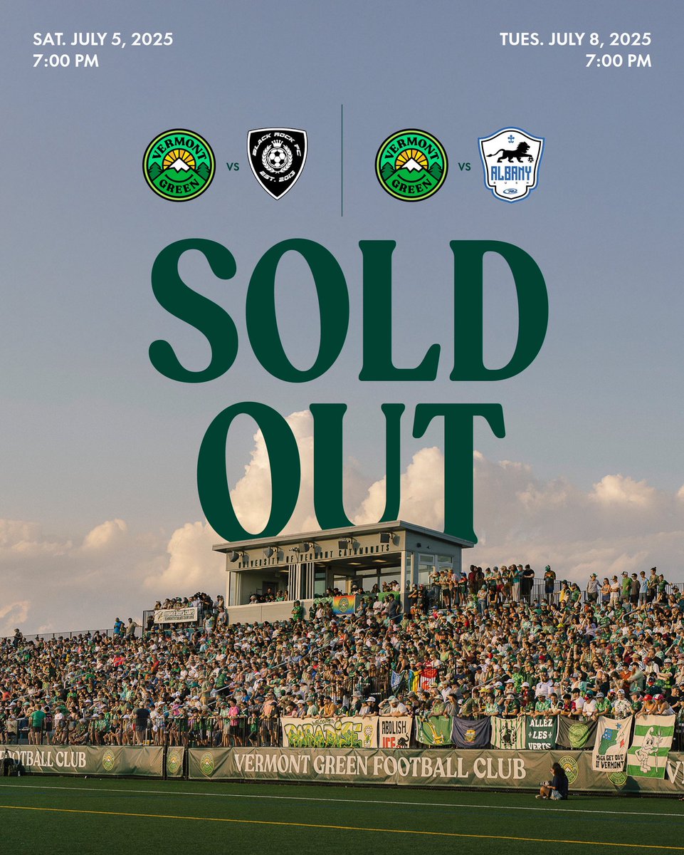 Vermont Green FC announced today that the final two regular season home matches—on Saturday, July 5 vs Black Rock FC and Tuesday, July 8 vs Albany Rush—are sold out.