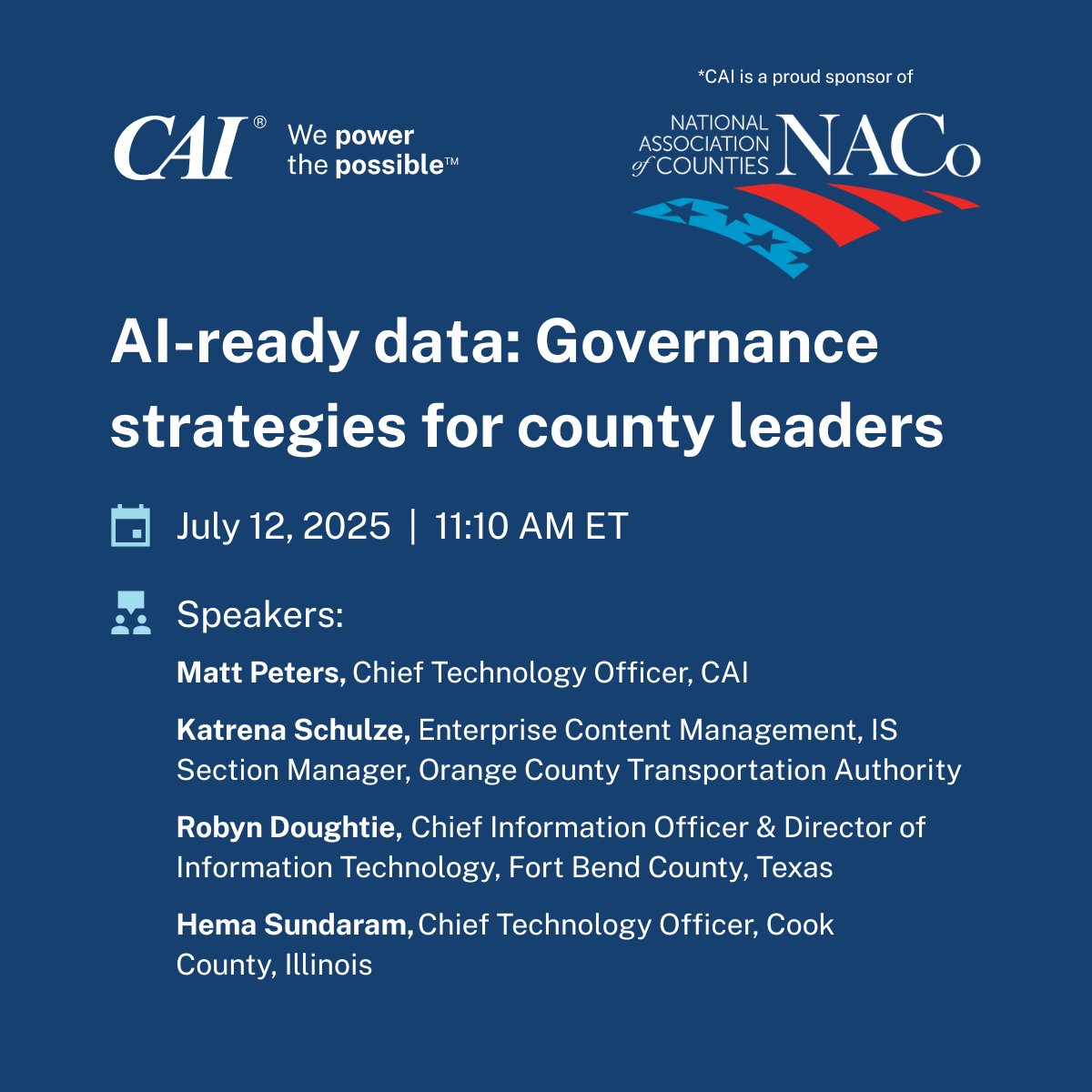 #TeamCAI is proud to support <a href="/NACoTweets/">NACo Digital Team</a> as a Premier Corporate Partner and Platinum Sponsor at the 2025 NACo Annual Conference &amp; Exposition, taking place July 10–14 at the Philadelphia Convention Center.

Will you be there? Come join us in discussion at these upcoming events!