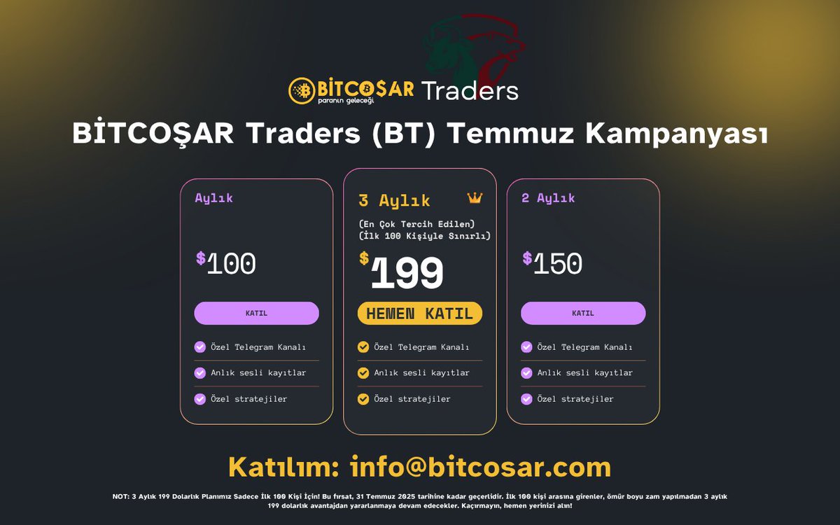 ibrahimcosar58's tweet photo. Dostlar,

Yoğunluğumuz nedeniyle bir süredir BİTCOŞAR Traders ailemize yeni üye alımını durdurmuştuk.
Şimdi ise yeni üyeliklerimizi yeniden aktif hale getiriyoruz!

Ve herkes katılabilsin diye, Temmuz ayına özel müthiş indirimli bir kampanya hazırladık.
Bu fırsat gerçekten “bahanesi olmayan” bir kampanya! 💥

Temmuz ayında BT’ye katılmayanlar, maalesef çok pişman olacak.
Biz üzerimize düşeni yaptık, sıra sizde!

⏳ Kampanya sadece ilk 100 kişiyle sınırlı.
Geç kalmadan hemen yerinizi ayırtın.

📩 Bilgi ve başvuru için: info@bitcosar.com

#Bitcoin #BTC