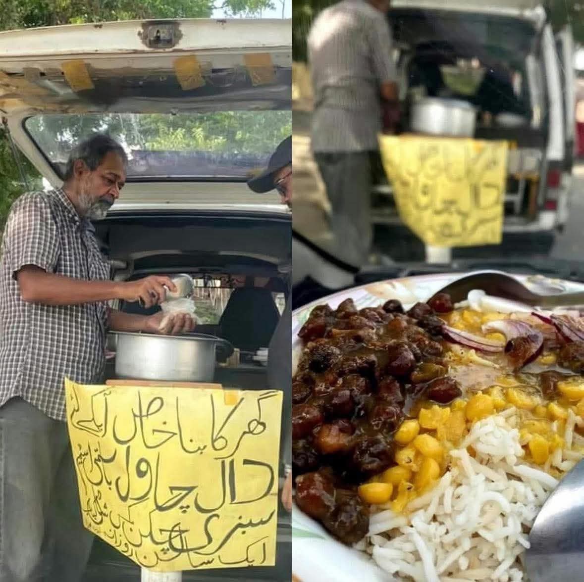 heheheMeem's tweet photo. LETS MAKE HIM VIRAL!! 
Hello Karachiites. This uncle is selling homemade Daal chawal, Salan and Kalay Chanay wali chaat near Saadi Town and Sadat e Amrooha society, for just 200 rupees the food is delicious and hygenic, if you go there do buy from him and support him. https://t.co/LIqAIwEcx9