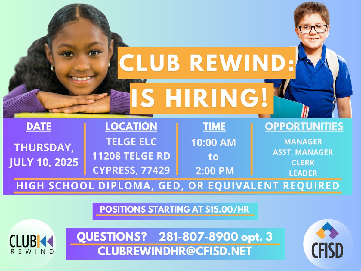 CFISDHeatherK's tweet image. Community Programs is growing—and we want YOU on our Club Rewind Team!
Join us next week at our job fair for on-site interviews and learn about our open positions.
If you love working with kids, don’t miss this opportunity to make a difference.
On-site interviews happening!