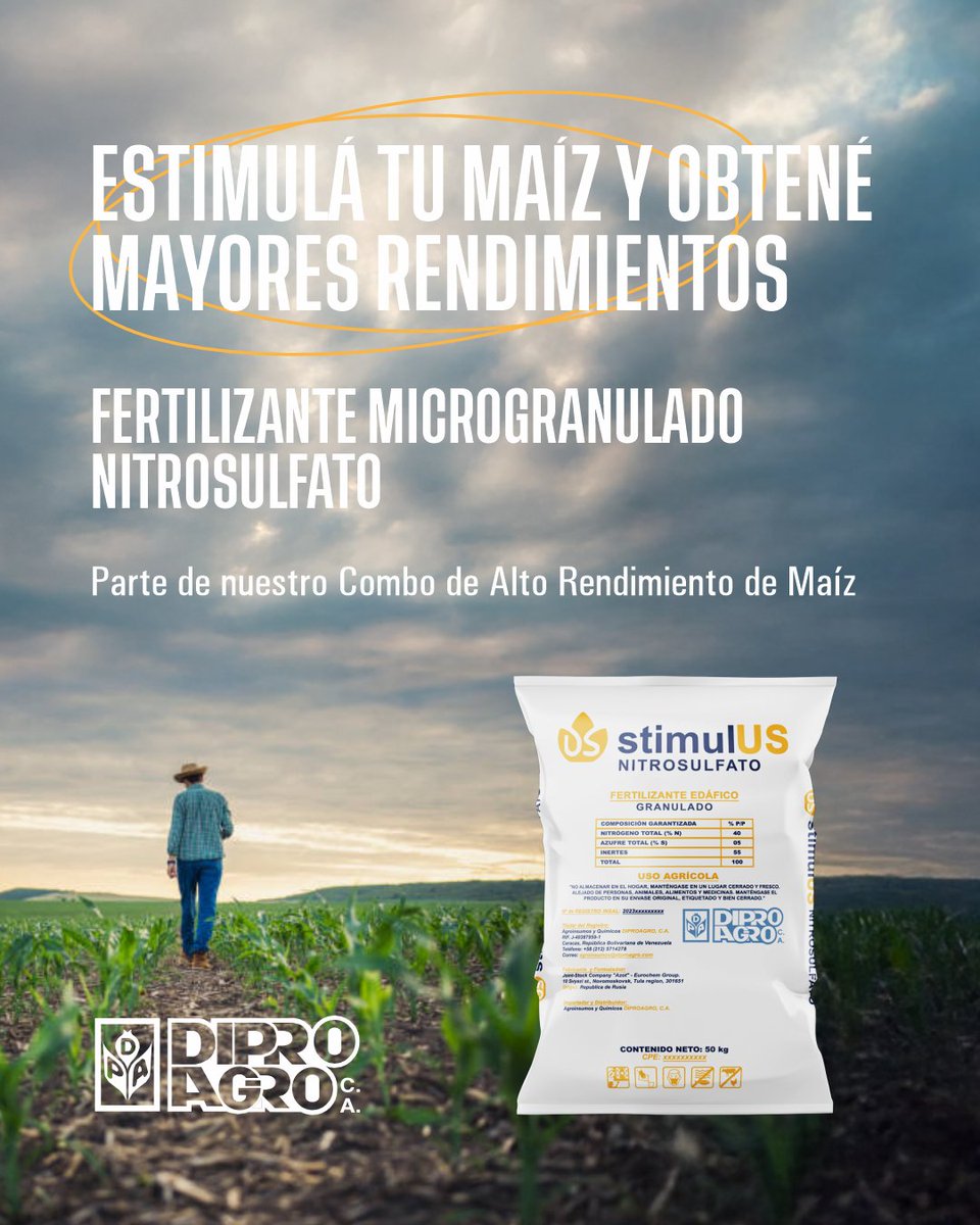diproagroca's tweet image. 🌱 Potenciá tu cultivo para obtener resultados
#Stimulus Nitrosulfato, es un #fertilizante sólido granulado para aplicaciones al suelo, en bandas o platoneo, preferiblemente incorporado para mayor eficacia.
👉Contáctenos para ser asesorado
#Agricultura #Agricultor #Maíz #Campo