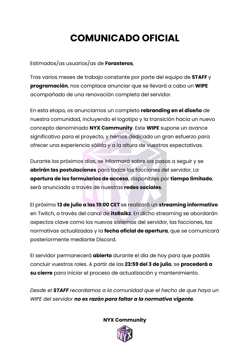 📰 | COMUNICADO OFICIAL