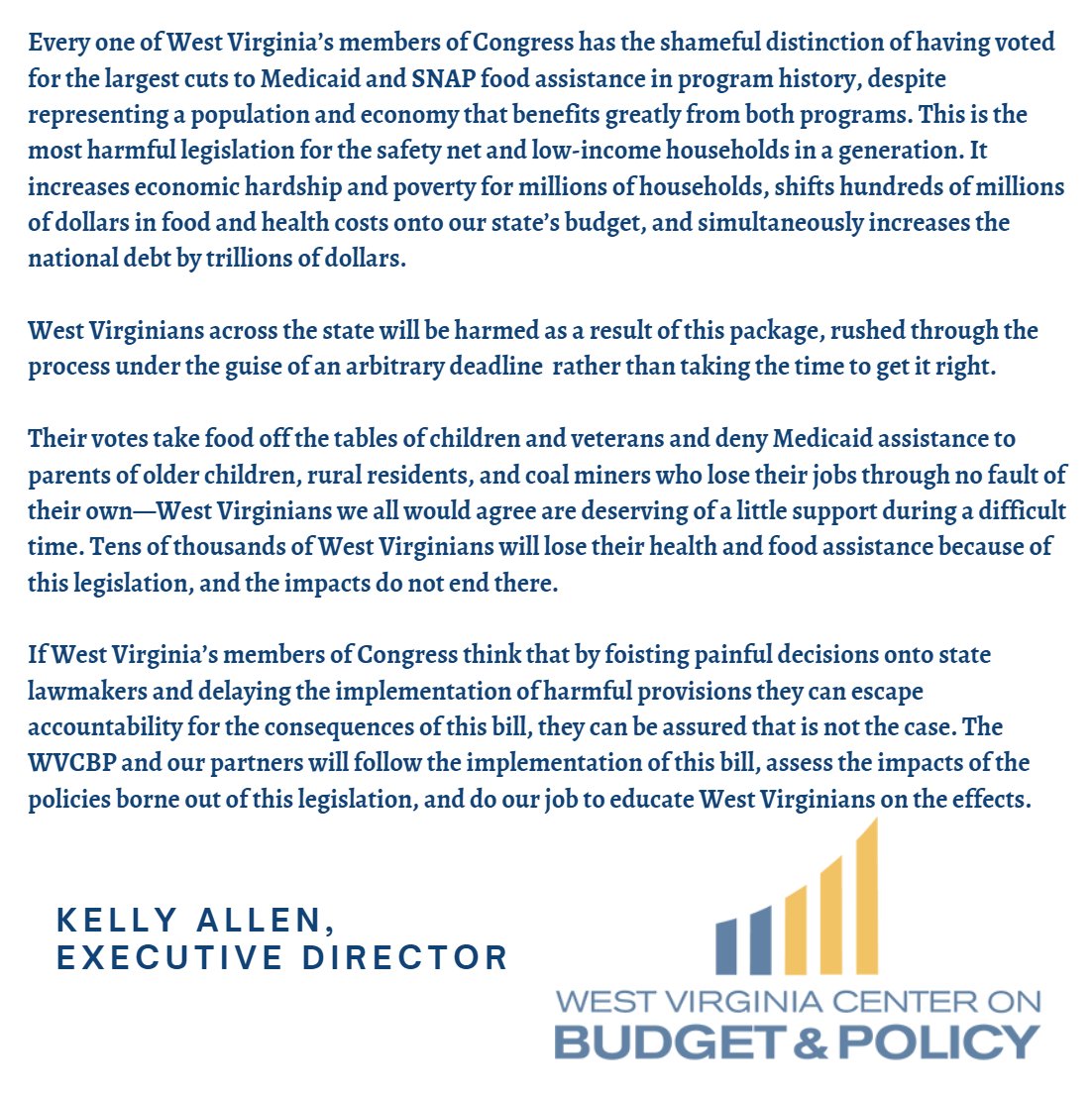 The reconciliation package passed today is the most harmful legislation for health care and food security in a generation. Shame on those who rushed it through under the guise of an arbitrary deadline rather than taking the time needed to protect West Virginia families and jobs.