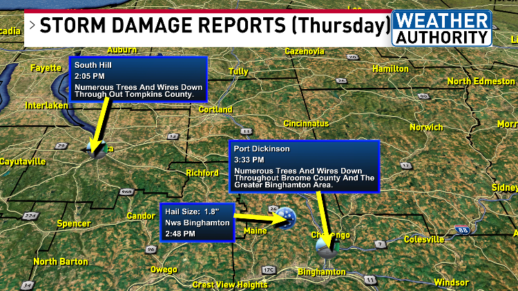 DAMAGE REPORTS are coming into <a href="/CNYCentral/">CNY Central</a> from <a href="/NWSBinghamton/">NWS Binghamton</a> office.

1) LOTS OF TREES DOWN IN TOMPKINS COUNTY caused by high wind gusts.

2) HAIL as large as GOLF BALLS and MANY TREES DOWN IN BROOME COUNTY.

I'll have more damage reports to share on #CBS5 @ 5, 6, &amp; #NBC3 at 7.