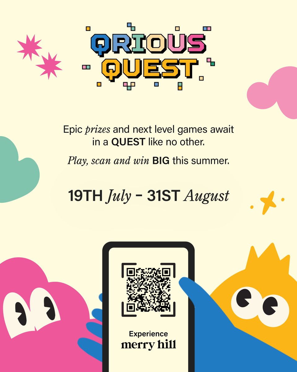 Unlock a whole new world within Merry Hill at the QRious Quest, our biggest EVER summer event 😱 

Play, scan and WIN huge prizes every day 🎉

⏰ Saturday 19th July - Sunday 31st August ⏰
📍 Across Merry Hill (and your screens) 📍
🔗 All the details: mymerryhill.co.uk/whats-on/qriou… 🔗