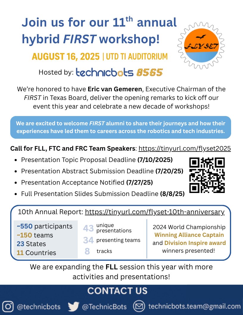 FIRSTinTexas's tweet image. We&apos;re proud to promote the 11th Annual FLYSET FIRST Workshop hosted by @technicbots! 🚀 Our Executive Chairman, Eric van Gemeren, will kick things off with opening remarks! 🎤 

#FIRSTinTexas #STEMeducation#Technicbots