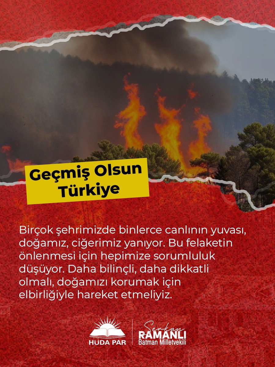 Birçok şehrimizde binlerce canlının yuvası, doğamız, ciğerimiz yanıyor.

Bu felaketin önlenmesi için hepimize sorumluluk düşüyor. Daha bilinçli, daha dikkatli olmalı, doğamızı korumak için el birliğiyle hareket etmeliyiz. Geçmiş olsun Türkiye.